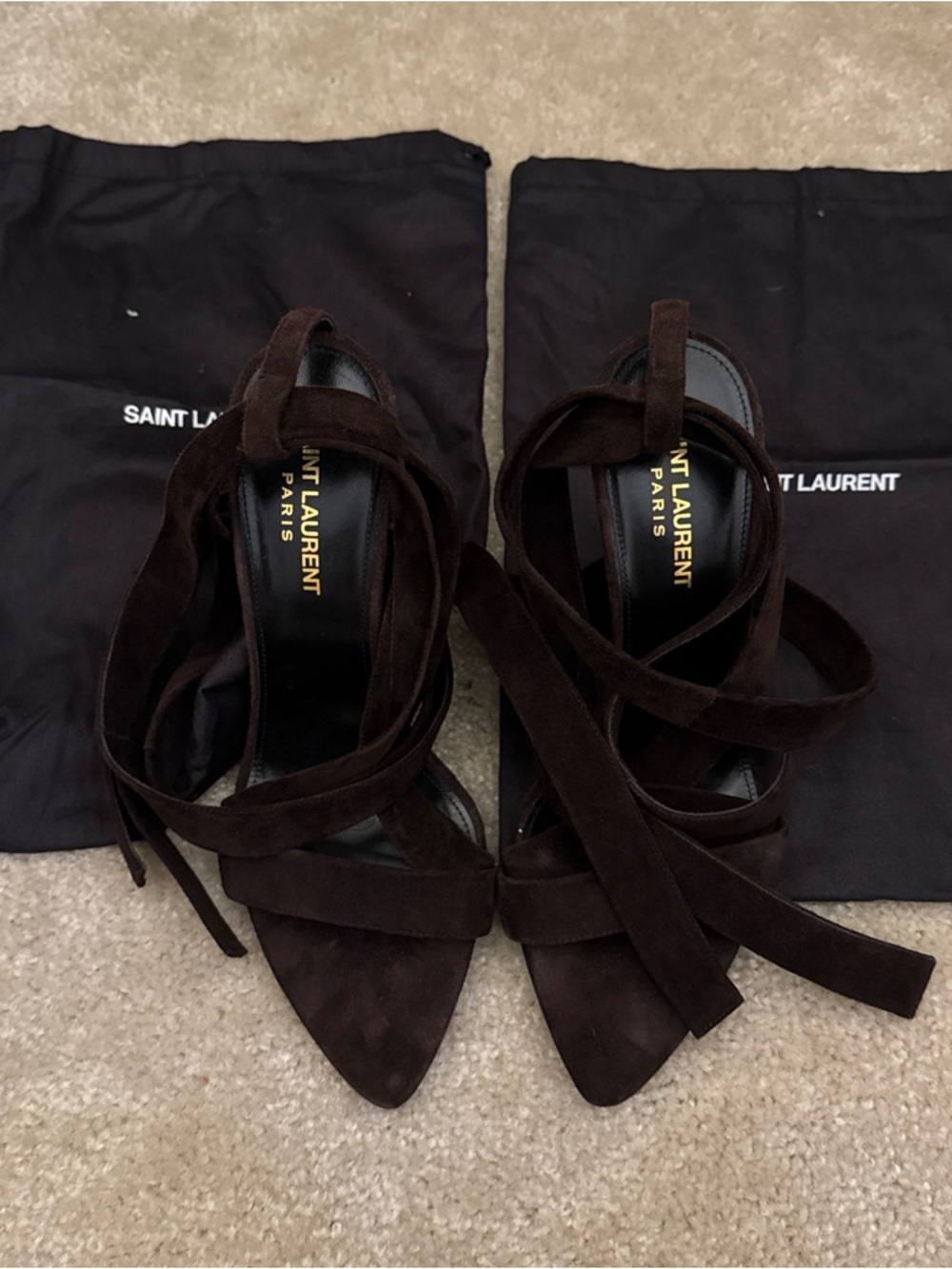 Saint Laurent Brown Suede Tie-Up Ankle Strap Heels Size 38
